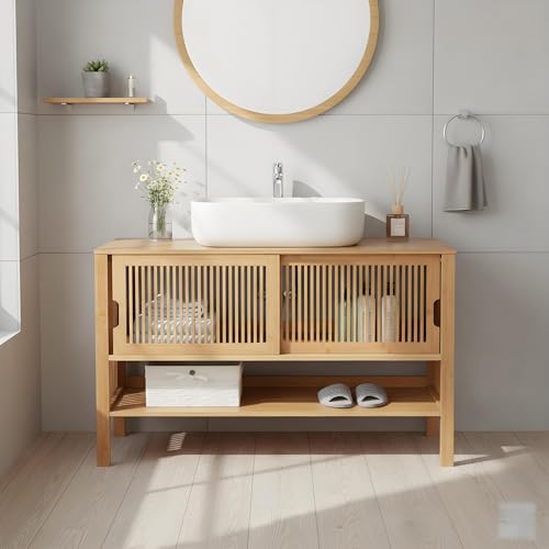 MinteLiv Meuble sous lavabo de 100 cm de large – Armoire de salle de bain en bambou avec portes coulissantes, meuble de lavabo naturel avec compartiment...