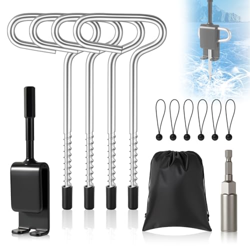 ALLTOOALL Ice Anchor Drill Adapter Kit, 13Pcs Ice Fishing Anchors Tool for Shelter Tent Shanty, with Reducing Sleeve, Bungee Cord Balls & Carry Bag for Easy Setup