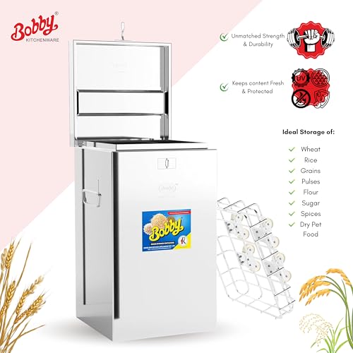 Image of BOBBY 50 Kg Stainless Steel Grain Storage Big Containers With S.S. Trolley (50 KG CONTAINER WITH TROLLEY)