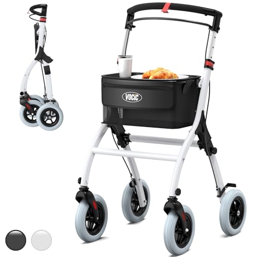 Narrow Rollator Walkers for Small Spaces, Indoor Rollator Foldable and Lightweight, Stable Home Rollator with Quiet Anti-Slip Tires, Rollators for Seniors Foldable with Tray