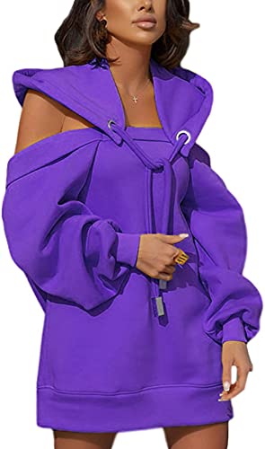 Guteidee 2021 New Coming Fashion Hoodies & Sweatshirts for Women's Off The Shoulder Hoodies & Long Sleeve Drawstring Caual Sweatshirts Pullover Tops for Spring, Summer, Autumn, Winter Purple, Small