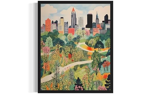 Atlanta Georgia Poster Art Print, City Skyline American Folk Art, Naive Artwork Painting Decor for Bedroom, Bathroom, Living room Gallery 36 (Atlanta Georgia,10"L x 8"W, Unframed)