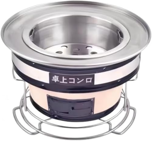 丸型七輪 セラミック火鉢【業務用】 炭火焼きコンロ 室内 焼き網つき 、テーブルバーベキューグリル、屋外キャンプグリル用焼き鳥炭ポータブルバーベキ 木炭コンロ 秋刀魚 炭火焼 焼き鳥 焼肉 おもち お祭り イベント 4~5人用 (コンロ+ステンレスリング+