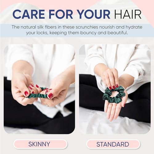 Image of Blissy Silk Scrunchies (3 Pack) - 100% Pure Mulberry Silk - 22 Momme 6A High-Grade Fibers Scrunchie for Straight & Curly Hair (Emerald, Skinny)
