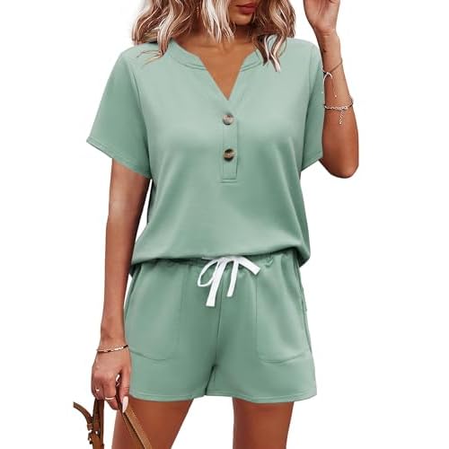 AKEWEI Womens Two Piece Outfits Summer Lounge Sets Tracksuit V Neck Buttons Down Tops and Shorts Set with Pockets Gray Green Small