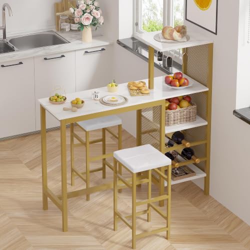 VECELO Bar Table and Chairs Set for 2, Dining Set with Storage Shelves