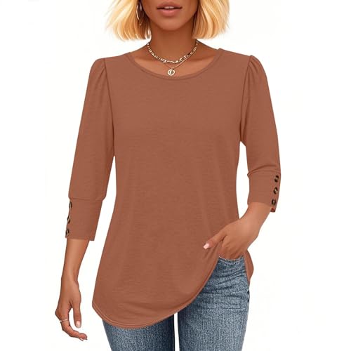 Women's Blouses 3/4 Sleeve Dressy Casual Shirts Crew Neck Button T Shirts with Smocked Cuffs Fall Teacher Outfits3