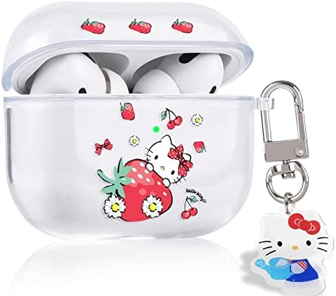 Cute Cartoon Case Compatible with AirPods Pro Clear with Strawberry Cat Design Cover with Funny Anime Keychain for Women Girls Kids Soft Silicone Cover for AirPod Pro