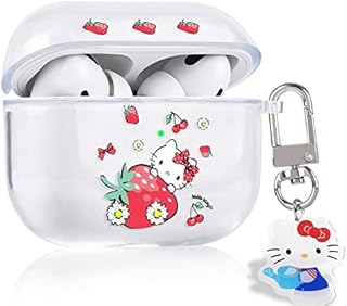 Cute Cartoon Case Compatible with AirPods Pro Clear with Strawberry Cat Design Cover with Funny Anime Keychain for Women Girls Kids Soft Silicone Cover for AirPod Pro