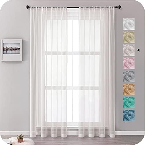 MRTREES Voile Curtains 54 Drop 2 Panels Faux Linen Rod Pocket Sheer Curtain Panel for Bedroom Living Room Patio Door 55x54 Drop 140cm x 137cm White