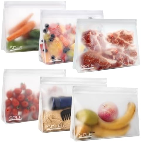 SPLF 6 Pack Reusable Half Gallon Freezer Bags, Reusable Food Storage Bags, Bpa Free Stand Up Extra Thick Leakproof Silicone and Plastic Free Zipper Sandwich Snack Lunch Bags