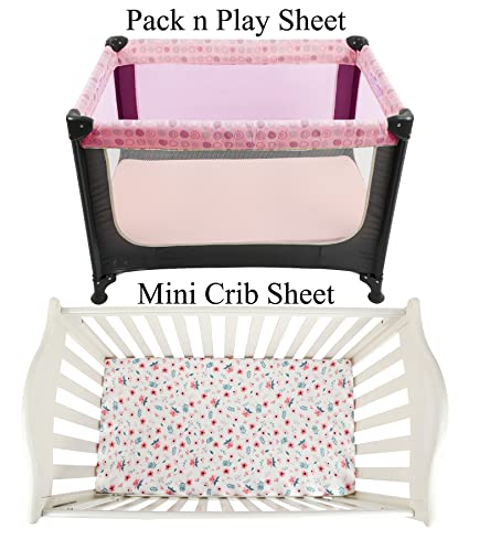 Image of Pack n Play Sheet Stretchy Fitted Portable Mini Crib Sheets Set 3 Pack,Playard Sheets Convertible Playard Mattress Cover,Ultra Soft Jersey Material,Floral,Grey Rabbit & Pink