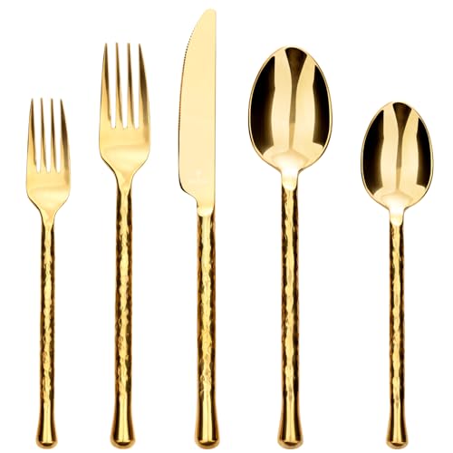 18/10 Gold Flatware: Elegant Stainless Steel Cutlery Sets for Every Occasion 5 LINZOM Glam Forged 20-Piece Titanium Gold Silverware Set, 18/10 Stainless Steel Flatware Service for 4, Shiny Gold Flatware, Unique Cutlery Set for Home Kitchen Restaurant Wedding, Dishwasher Safe