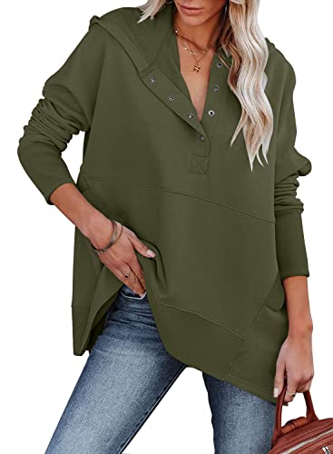 Image of Magritta Sweatshirts for Women Tops Long Sleeve Cotton Ladies Jumpers Button V Neck Casual Loose Pullover Hoodies with Pocket Army Green, 18-20