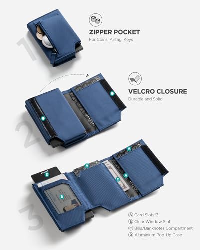 VULKIT Mens Wallet for Max.12 Cards with Pop-Up Credit Card Ejector Case, ID Window, Cash/Bills Compartment and Coin Pocket, Hook and Loop Tape Closure, Giftbox Packed, Blue Oxford Fabric3