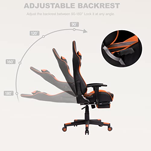 Ohaho Gaming Chair Racing Style Office Chair Adjustable Massage Lumbar Cushion Swivel Rocker Recliner Leather High Back Ergonomic Computer Desk Chair With Retractable Arms And Footrest (Black/Orange) #TOP5