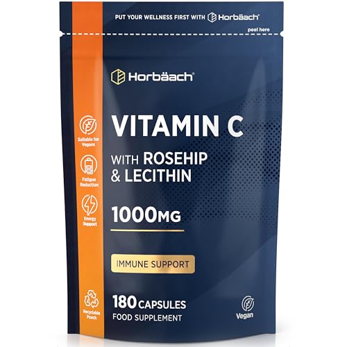 Vitamin C 1000mg with Rosehip | 180 Capsules | High Strength Vitamin C as Ascorbic Acid with Added Rosehip and Sunflower Lecithin | Vegan Supplement | by Horbaach