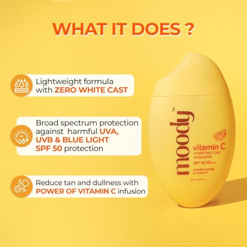 Generic Mood'y SPF 50 PA+++ Vitamin C Sunscreen – UVA, UVB & Blue Light Protection for Glowing Skin | Long-Lasting Hydration | Lightweight & Non-Greasy | Quick-Absorbing – 50ml