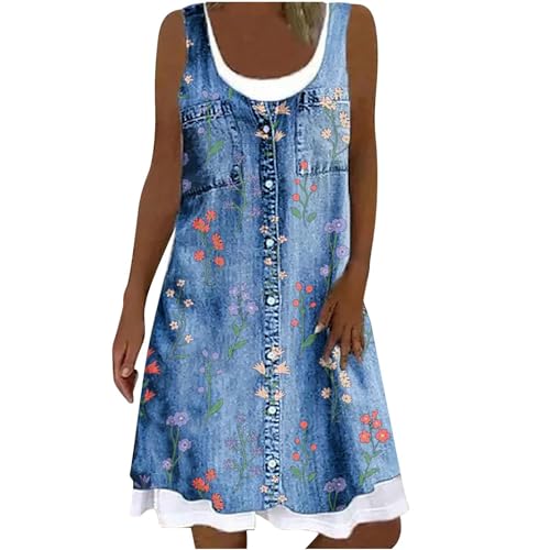 Jeanskleid Damen Sommer - Damen Jeans Kleider Latzkleid Ärmellos Kurz A-Linie Minikleid Trägerkleid Jeansskirt Kleid mit Taschen Denimrock...