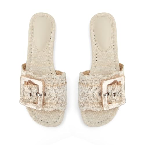 Image of ZJGZF Raffia Sandals for Women Buckle Straw flats Woven Braided Rattan Slides Summer Beach Sandals Comfort Cute Shoes