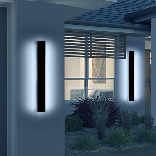Image of 2 Pack 31.4inch Modern Exterior Wall Lights, 6000K Cold White, Outdoor Wall Mount Linear Sconces, 31W, IP65 Waterproof Minimalist Strip Led Lighting for House, Porch, Garage, Garden