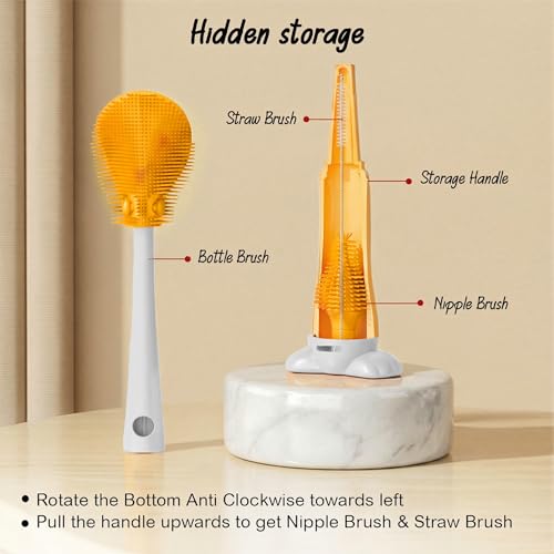 Image of TONY STARK Baby 3-in-1 Silicone Bottle Cleaning Brush Set | 360 Rotatable Handle, BPA-Free Soft Bristles for Cleaning Bottles, Nipples & Pacifiers Safely (Yellow)