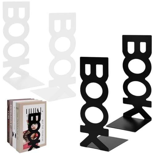 Zuxbolf 4 Pièces Serre-Livres en Métal Cale Livres Original Presse-Livres Antidérapant Décoratifs Bloc Livre pour Étagère, Bureau, Maison, École et Bibliothèque (Blanc + Noir)