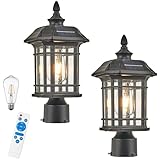 Solar Lamp Post Light Outdoor with Remote Control Waterproof Lamp Post Light Fixture for Fence Pole Garden Aluminum Black Outdoor Post Lights Hard Wired 15.1 Inch Height 2-Pack Include LED Bulb