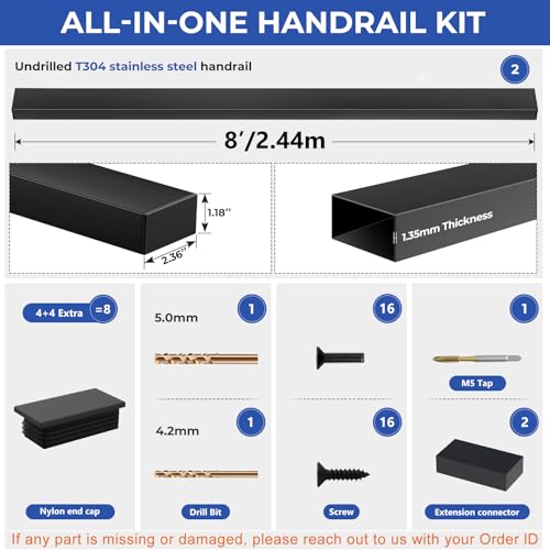 Zylorix 2Pack 8FT T304 Stainless Steel Handrails Black with Extension Connectors End Cap Kits for Cable Railing System Posts Kit, Cuttable Rectangular Handrails Flat Top Rail - 2.36\" W x 1.18\" H