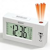 SODANY Despertador Proyector Techo Reloj Digital de Mesita Noche a Pilas con Pantalla LCD Grande, Luz de Fondo Activada por Sonido, Temperatura, Fecha y Alarma Snooze para Dormitorio Oficina (Blanco)