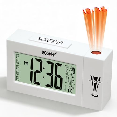 SODANY Despertador Proyector Techo Reloj Digital de Mesita Noche a Pilas con Pantalla LCD Grande, Luz de Fondo Activada por Tacto, Temperatura, Fecha y Alarma Snooze para Dormitorio Oficina (Blanco)