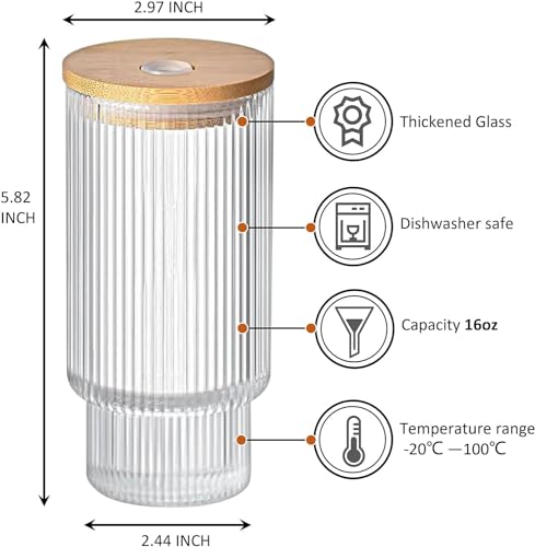 Image of Ribbed Glass Cups with Lids and Glass Straws, 330ML Drinking Glasses, Vintage Glassware Large, Origami Style Cocktail Glasses, Tumbler for Bar Beverages, Whiskey, Beer