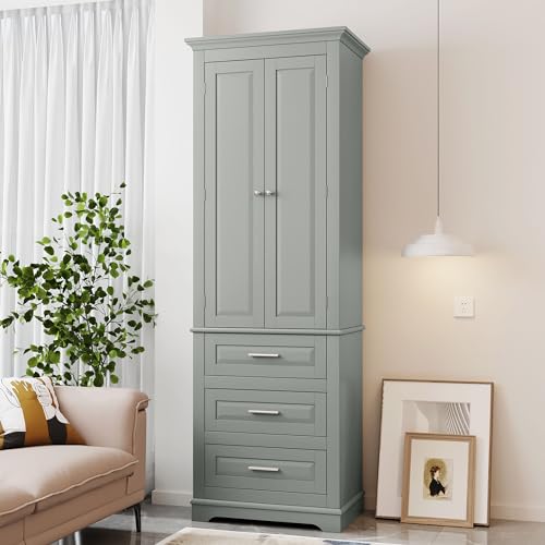 Image of Merax 70 inch Pantry Cabinet with Two Doors & Three Drawer, Adjustable Shelves Storage Cupboard for Kitchen /Dining Room /Bathroom, Gray