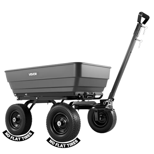 Image of VEVOR 7 Cu.Ft 1200LBS Poly Garden Cart Dump Wagon, Heavy Duty Wheelbarrow with 2-in-1 Convertible Handle and 13 inch Flat Free Tires, Utility ATV Trailer Yard Dump Cart Tow Behind for Lawn Mower Tractor