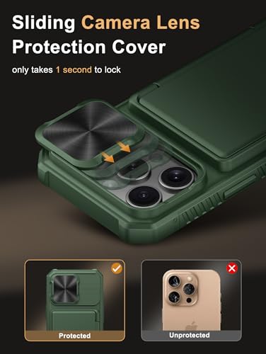 Image of Vihibii for iPhone 16 Pro Case with Card Holder (4 Cards) [RFID Blocking] & Slide Camera Cover, Military Grade Drop Protection, Rugged Hard Back & Silicone Edge Wallet Phone Cover, 6.3 inch 2024, Green