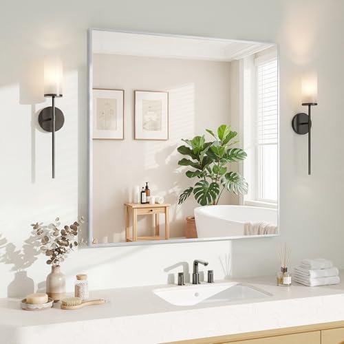 Image of Koonmi Silver Rectangle Wall Mirror, 30x30 Inch Bathroom Mirror, Aluminum Frame Vanity Mirror for Entryway, Living Room, Bedroom Bathroom, Hangs Horizontally or Vertically