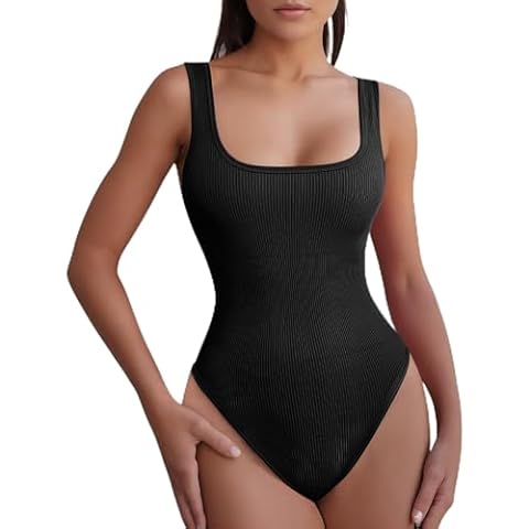 MooonGem Bodysuits for Women, Square Neck Bodysuit for Womens Sexy Thong, Sleeveless Ribbed Tank Top Body Suit for Women Clothing (Black, L) Cover