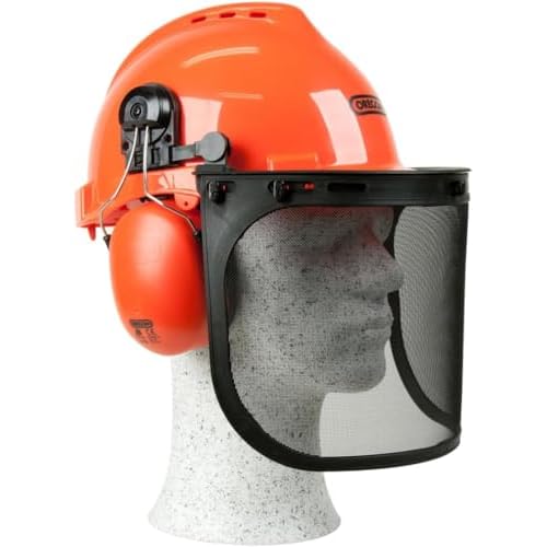 Oregon Gesichtsschutz mit Kopfband und Maschenvisier, einstellbar 4 Oregon Yukon Kettensägen-Sicherheitshelm mit Gehörschutz und Netzvisier (562412), Orange, Einheitsgröße