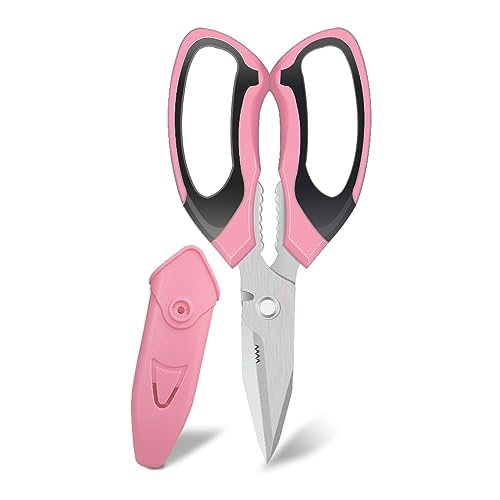 FTECYBO Heavy Duty 8'' Multipurpose Scissors with Protective Cover, Stainless Steel Serrated Blades, Easy Cutting Cardboard, Leather, Fabric, Wires (PINK)