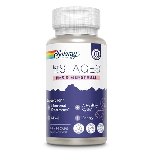Solaray PMS & Menstrual her life STAGES – PMS Support Supplement for Women with Cramp Bark, Vitex Chasteberry – Made Without Hormones – 60-Day Guarantee – Vegan, Lab Verified – 24 Servings, 24 VegCaps