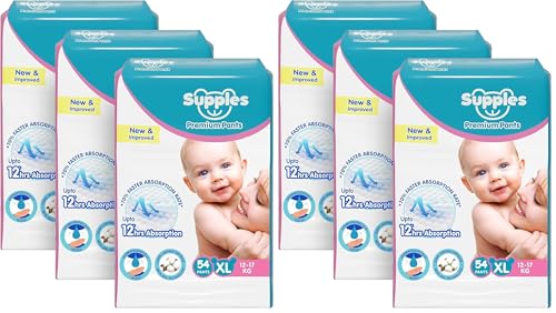 Image of Amazon Brand - Supples Premium Baby Diaper Pants | 162 Baby Diapers | XL | 12-17 Kg | 54 x 6 Packs | 12 Hrs Absorption | Cushiony Cotton Soft Fabric | Phthalates-Free | Triple Leak Guard