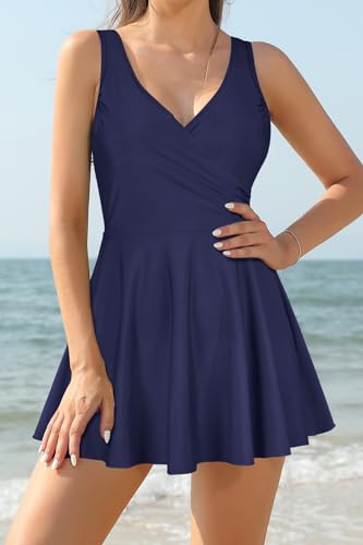 Image of SHEKINI One Piece V Neck Skirt for Women Modest Tummy Control Swimdress Bathing Suits Swimsuit