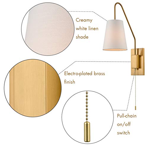 JEENKAE Modern Plated Brass Gold Plug-in Wall Sconces Set of Two Fabric Shade Bedroom Wall Lamp with Pull Chain Switch - Image 4