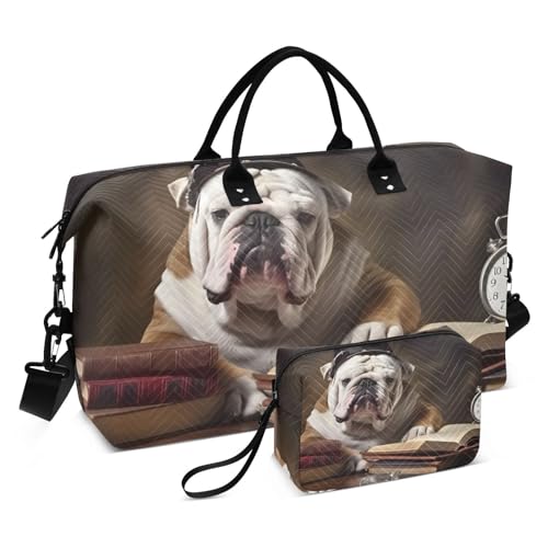 Large Travel Duffel Bag, Books Hat Pug Dog Clock Sport Tote Gym Bag, Shoulder Weekender Overnight Bag for Women Men, Carry On Luggage with Toiletry Bag