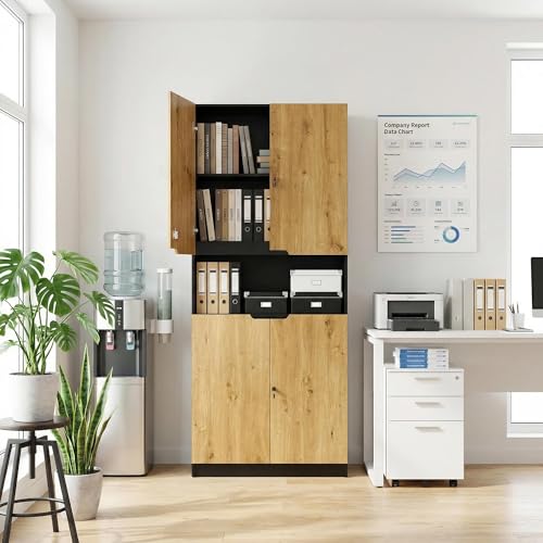 Songvas Armario archivador de madera, 200 cm de alto, con cerradura, con 4 puertas y 2 cerraduras, estantes ajustables, 80 cm de ancho, armario multiusos para oficina en casa, salón, color negro y