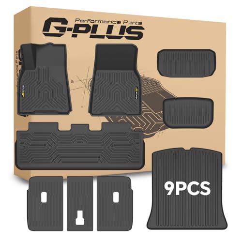 G-PLUS Floor Mats & Cargo Liner Compatible with Tesla Model Y 2020 2021 2022 2023 2024 5-SEAT (NOT for 7-SEAT) TPE All Weather Custom Fit Cargo Trunk Backrest Liners 1st & 2nd & 3rd Row 9PCS Black