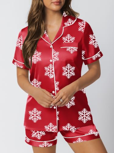 Image of LILLUSORY Silk Satin Pajama Set for Women Summer Two Piece Fall Lounge Pjs | Cozy Matching Sleepwear, Short Sleeve Button Down Shirt and Shorts, Soft Loungewear with Pocket, Cute Trendy Clothing