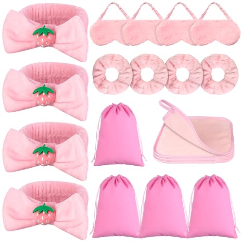 20 Pièces Kit Soiree Pyjama Party Fille de Fournitures de Spa Pour Filles 4 Masques de Sommeil En Peluche Rose 4 Bandeaux Pour Le Visage Avec NœUd 4...
