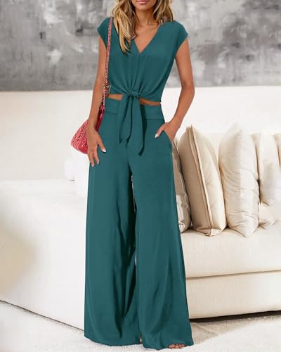 Image of PRETTYGARDEN Women's Summer 2 Piece Outfits 2026 Cap Sleeve V Neck Belted Crop Tops Wide Leg Pant Sets Casual Tracksuit