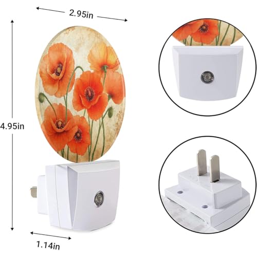Image of EKOBLA Poppy Flower Night Light, Vintage Red Orange Floral Night Lights Plug Into Wall with Dusk to Dawn Sensor for Hallway